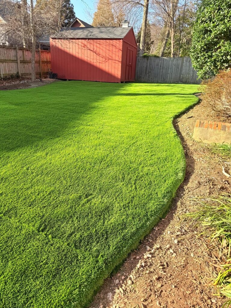 Artificial turf lawn with curved edging in a residential backyard