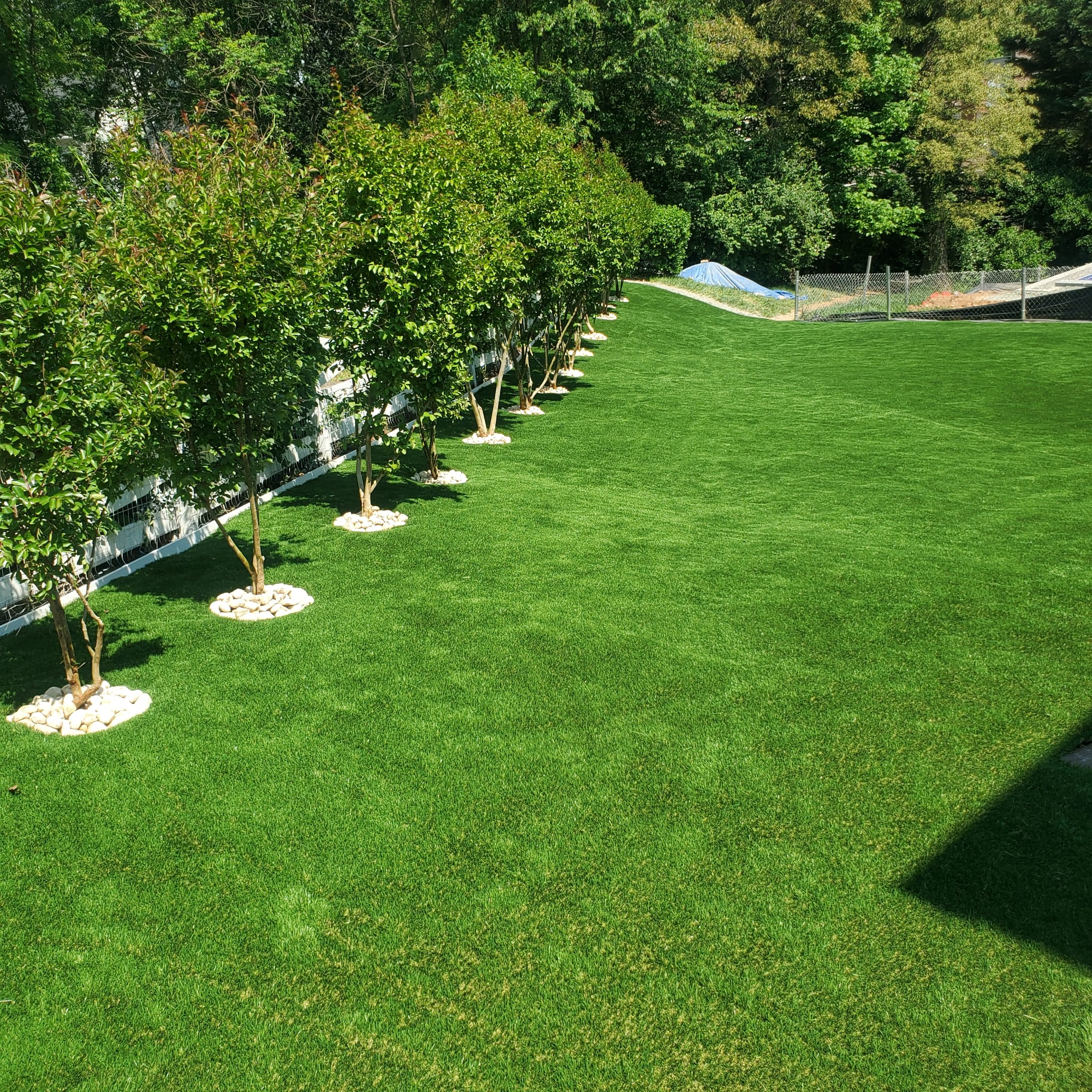 Large artificial turf lawn landscaped around a row of trees in a McLean backyard